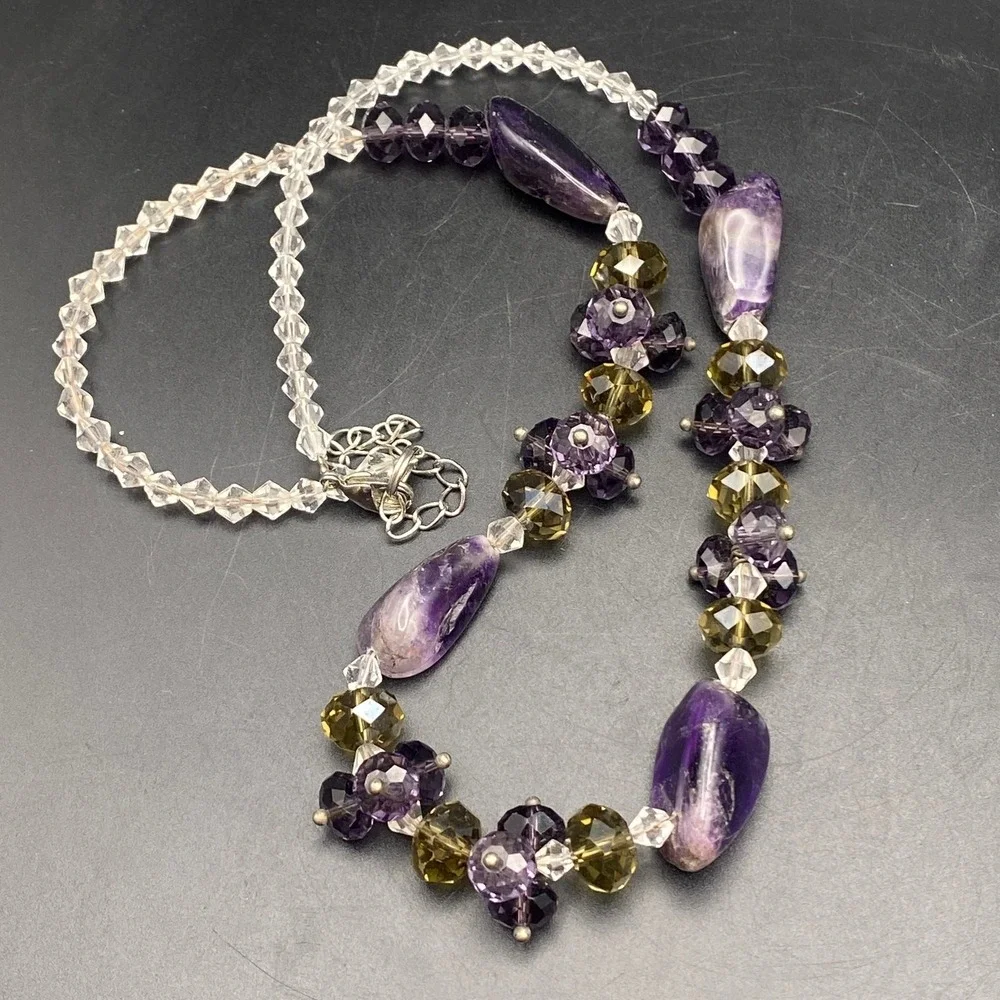 Amethyst Purple Stone and Faceted Glass Bead Adjustable Necklace Eclectic Style